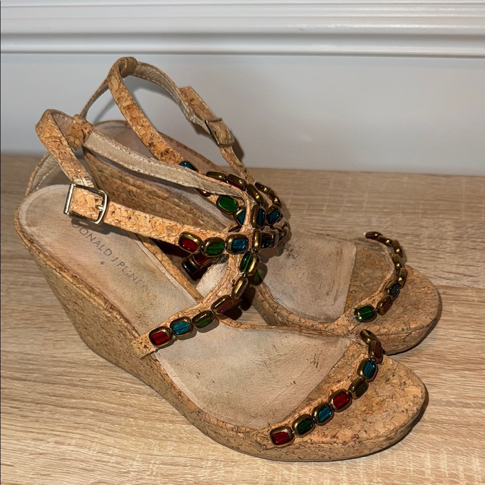 Donald J. Pliner “Wondra-Co”‎ Jewel Straps Cork Wedge Sz 7.5M 4”Heel Sandals - Picture 9 of 16